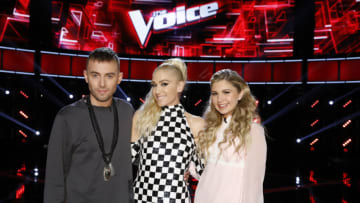 THE VOICE -- "Live Top 12" Episode: 1215B -- Pictured: (l-r) Hunter Plake, Gwen Stefani, Brennley Brown -- (Photo by: Trae Patton/NBC)