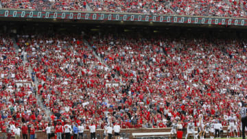 NORMAN, OK - APRIL 23: Approximately 75,360 fans show up for the Oklahoma Sooners spring game at Gaylord Family Oklahoma Memorial Stadium on April 23, 2022 in Norman, Oklahoma. (Photo by Brian Bahr/Getty Images)