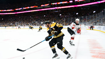 BOSTON, MA - OCTOBER 12: David Krejci #46 of the Boston Bruins handles the puck against the New Jersey Devils in the first period at TD Garden on October 12, 2019 in Boston, Massachusetts. (Photo by Kathryn Riley/Getty Images)