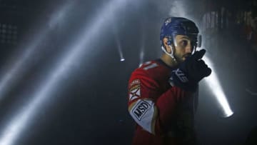 SUNRISE, FL - APRIL 7: Vincent Trocheck #21 of the Florida Panthers heads out to the ice for introductions prior to the start of the game against the Buffalo Sabres at the BB&T Center on April 7, 2018 in Sunrise, Florida. (Photo by Eliot J. Schechter/NHLI via Getty Images)
