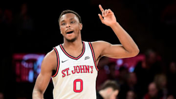 NEW YORK, NEW YORK - JANUARY 11: Mustapha Heron #0 of the St. John's basketball team reacts against the DePaul Blue Demons at Madison Square Garden on January 11, 2020 in New York City. (Photo by Steven Ryan/Getty Images)