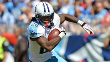Sep 23, 2012; Nashville, TN, USA; Tennessee Titans running back Chris Johnson (28) runs with the ball against the Detroit Lions during the first half at LP Field. The Titans beat the Lions 44-41 in overtime. Mandatory credit: Don McPeak-USA TODAY Sports