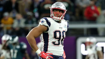 MINNEAPOLIS, MN - FEBRUARY 04: Trey Flowers #98 of the New England Patriots looks on in the first half of Super Bowl LII at U.S. Bank Stadium on February 4, 2018 in Minneapolis, Minnesota. (Photo by Elsa/Getty Images)