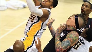 May 28, 2013; Indianapolis, IN, USA; Indiana Pacers small forward Paul George (24) drives to the basket against the Miami Heat in game four of the Eastern Conference finals of the 2013 NBA Playoffs at Bankers Life Fieldhouse. Mandatory Credit: Pat Lovell-USA TODAY Sports