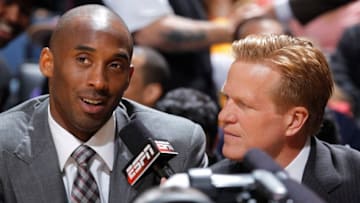OAKLAND, CA - APRIL 18: Kobe Bryant #24 of the Los Angeles Lakers being interviewed by NBA analyst Ric Bucher during the game against the Golden State Warriors on April 18, 2012 at Oracle Arena in Oakland, California. (Photo by Rocky Widner/NBAE via Getty Images)
