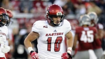 Sep 3, 2016; Pullman, WA, USA; Eastern Washington Eagles wide receiver Cooper Kupp (10) lines up for a play against the Washington State Cougars during the second half at Martin Stadium. The Eagles won 45-42. Mandatory Credit: James Snook-USA TODAY Sports