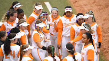 Tennessee players huddle during a Lady Vols softball game against Auburn on Senior Day, at Sherri Parker Lee Stadium, Saturday, May 7, 2022.Softball0507 1122
