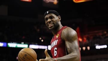 Jun 11, 2013; San Antonio, TX, USA; Miami Heat small forward LeBron James (6) reacts during the first quarter of game three of the 2013 NBA Finals against the San Antonio Spurs at the AT