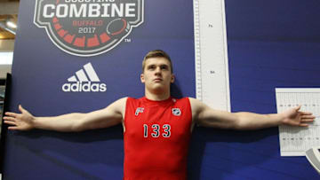 BUFFALO, NY - JUNE 03: Klim Kostin has his Wingspan measured during the NHL Combine at HarborCenter on June 3, 2017 in Buffalo, New York. (Photo by Bill Wippert/NHLI via Getty Images)