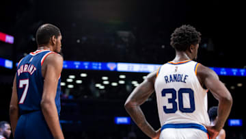 NEW YORK, NEW YORK - NOVEMBER 30: Kevin Durant #7 of the Brooklyn Nets and Julius Randle #30 of the New York Knicks during game at Barclays Center on November 30, 2021 in the Brooklyn borough of New York City. NOTE TO USER: User expressly acknowledges and agrees that, by downloading and or using this photograph, User is consenting to the terms and conditions of the Getty Images License Agreement. (Photo by Michelle Farsi/Getty Images)
