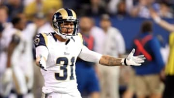 Nov 10, 2013; Indianapolis, IN, USA; St. Louis Rams cornerback Cortland Finnegan (31) reacts to a penalty flag being thrown during a game against the Indianapolis Colts at Lucas Oil Stadium. Mandatory Credit: Brian Spurlock-USA TODAY Sports