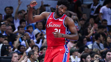 SHENZHEN, CHINA - OCTOBER 08: #21 Joel Embiid of the Philadelphia 76ers looks on during the 2018 NBA China Games match between the Dallas Mavericks and the Philadelphia 76ers at Universidade Center on October 8, 2018 in Shenzhen, China. NOTE TO USER: User expressly acknowledges and agrees that, by downloading and/or using this Photograph, user is consenting to the terms and conditions of the Getty Images License Agreement. (Photo by Zhong Zhi/Getty Images)
