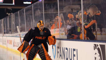 PHILADELPHIA, PENNSYLVANIA - FEBRUARY 22: Carter Hart #79 of the Philadelphia Flyers skates during the team's practice session prior to Saturday's 2019 Coors Light NHL Stadium Series game at the Lincoln Financial Field on February 22, 2019 in Philadelphia, Pennsylvania. (Photo by Bruce Bennett/Getty Images)