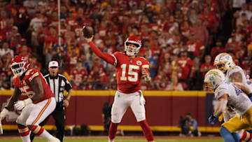 Sep 15, 2022; Kansas City, Missouri, USA; Kansas City Chiefs quarterback Patrick Mahomes (15) throws against the Los Angeles Chargers during the second half at GEHA Field at Arrowhead Stadium. Mandatory Credit: Denny Medley-USA TODAY Sports