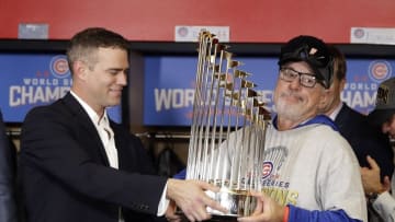 Nov 2, 2016; Cleveland, OH, USA; Chicago Cubs president Theo Epstein passes the commissioner