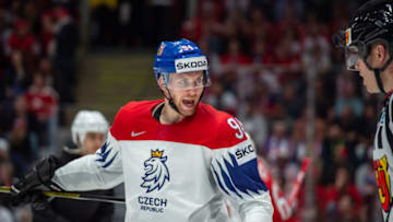 BRATISLAVA, SLOVAKIA - MAY 19: #94 Radek Faksa of Czech Republic talks to referee during the 2019 IIHF Ice Hockey World Championship Slovakia group game between Austria and Czech Republic at Ondrej Nepela Arena on May 19, 2019 in Bratislava, Slovakia. (Photo by RvS.Media/Monika Majer/Getty Images)