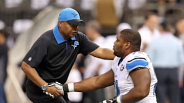 Dec 21, 2015; New Orleans, LA, USA; Detroit Lions head coach Jim Caldwell greets offensive guard Laken Tomlinson (72) before their game against the New Orleans Saints at the Mercedes-Benz Superdome. Mandatory Credit: Chuck Cook-USA TODAY Sports