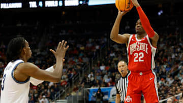 Mar 20, 2022; Pittsburgh, PA, USA; Ohio State Buckeyes guard Malaki Branham (22) shoots the ball against Villanova Wildcats forward Brandon Slater (3) in the first half during the second round of the 2022 NCAA Tournament at PPG Paints Arena. Mandatory Credit: Geoff Burke-USA TODAY Sports