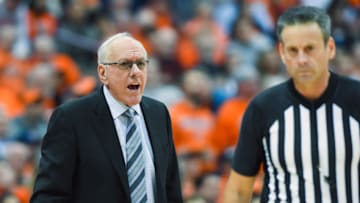 SYRACUSE, NY - NOVEMBER 06: Head coach Jim Boeheim of the Syracuse Orange reacts to a call against the Virginia Cavaliers during the second half at the Carrier Dome on November 6, 2019 in Syracuse, New York. Virginia defeated Syracuse 48-34. (Photo by Rich Barnes/Getty Images)