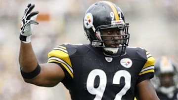 September 18, 2011; Pittsburgh,PA, USA: Pittsburgh Steelers linebacker James Harrison (92) calls for crowd noise to disrupt the Seattle Seahawks during the first quarter at Heinz Field. Mandatory Credit: Charles LeClaire-USPRESSWIRE