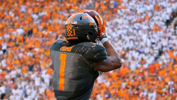 Sep 24, 2016; Knoxville, TN, USA; Tennessee Volunteers running back Jalen Hurd (1) catches a pass for a touchdown against the Florida Gators during the second quarter at Neyland Stadium. Mandatory Credit: Randy Sartin-USA TODAY Sports