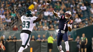 Auburn footballAug 19, 2021; Philadelphia, Pennsylvania, USA; New England Patriots quarterback Cam Newton (1) passes the ball against Philadelphia Eagles defensive tackle Milton Williams (93) during the first quarter at Lincoln Financial Field. Mandatory Credit: Bill Streicher-USA TODAY Sports