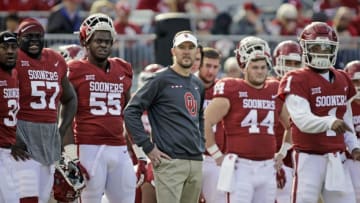 NORMAN, OK - NOVEMBER 25: Head Coach Lincoln Riley of Oklahoma Sooners during warm ups before the game against the West Virginia Mountaineers at Gaylord Family Oklahoma Memorial Stadium on November 25, 2017 in Norman, Oklahoma. Oklahoma defeated West Virginia 59-31. (Photo by Brett Deering/Getty Images)
