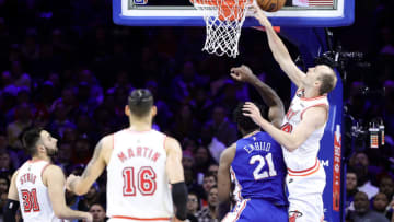 Cody Zeller #44 of the Miami Heat blocks Joel Embiid #21(Photo by Tim Nwachukwu/Getty Images)