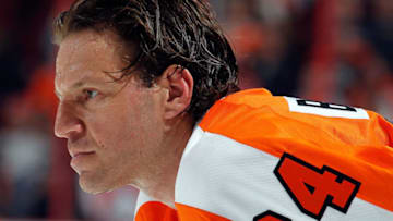 PHILADELPHIA, PA - MARCH 22: Nick Boynton #24 of the Philadelphia Flyers waits during warmups before an NHL hockey game against the Washington Capitals at the Wells Fargo Center on March 22, 2011 in Philadelphia, Pennsylvania. (Photo by Paul Bereswill/Getty Images)