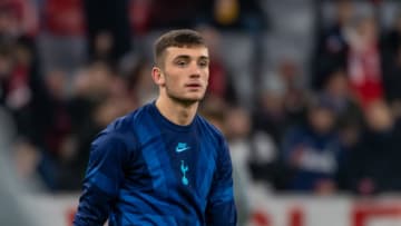 MUNICH, GERMANY - DECEMBER 11: (BILD ZEITUNG OUT) Troy Parrott of Tottenham Hotspur looks on during the UEFA Champions League group B match between Bayern Muenchen and Tottenham Hotspur at Allianz Arena on December 11, 2019 in Munich, Germany. (Photo by TF-Images/Getty Images)