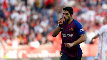 ESTADIO RAMON SANCHEZ PIZJUAN, SEVILLE, MADRID, SPAIN - 2019/02/23: Luis Suarez (FC Barcelona) seen celebrating after scoring a goal during the La Liga match between Sevilla FC and Futbol Club Barcelona at Estadio Sanchez Pizjuan in Seville, Spain.( Final score; Sevilla FC 2:4 Futbol Club Barcelona ). (Photo by Manu Reino/SOPA Images/LightRocket via Getty Images)