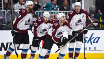 SAN JOSE, CA - MAY 08: Colorado Avalanche forward Colin Wilson (22) and teammates after Wilson scored a goal which was subsequently disallowed due to an offsides call during game seven of the second round of the Stanley Cup Playoffs between the Colorado Avalanche and the San Jose Sharks on May 8, 2019 at SAP Center in San Jose, CA. (Photo by Cody Glenn/Icon Sportswire via Getty Images)