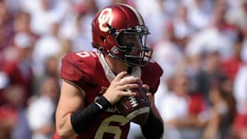 Oct 3, 2015; Norman, OK, USA; Oklahoma Sooners quarterback Baker Mayfield (6) looks to pass against the West Virginia Mountaineers in the second quarter at Gaylord Family - Oklahoma Memorial Stadium. Mandatory Credit: Mark D. Smith-USA TODAY Sports