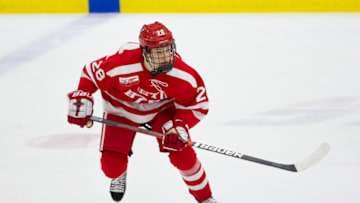 BOSTON, MA - JANUARY 8: Joel Farabee #28 of the Boston University Terriers skates against the Harvard Crimson during NCAA hockey at The Bright-Landry Hockey Center on January 8, 2019 in Boston, Massachusetts. The game ended in a 2-2 tie. (Photo by Richard T Gagnon/Getty Images)
