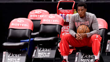 TAMPA, FLORIDA - MARCH 24: Kyle Lowry #7 of the Toronto Raptors looks on prior to the game between the Toronto Raptors and the Denver Nuggets at Amalie Arena on March 24, 2021 in Tampa, Florida. NOTE TO USER: User expressly acknowledges and agrees that, by downloading and or using this photograph, User is consenting to the terms and conditions of the Getty Images License Agreement. (Photo by Douglas P. DeFelice/Getty Images)