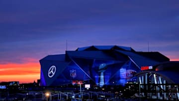 ATLANTA, GEORGIA - JANUARY 27: An exterior view of the Mercedes-Benz Stadium is seen on January 27, 2019 in Atlanta, Georgia. (Photo by Justin Heiman/Getty Images)