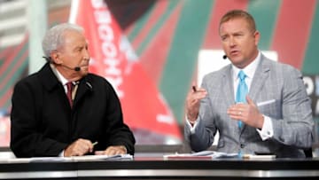 Lee Corso (left) and Kirk Herbstreit record a segment of College GameDay on Saturday, Nov. 2, 2019, on Beale Street in downtown Memphis.