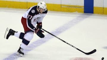 WASHINGTON, DC - APRIL 12: Columbus Blue Jackets right wing Josh Anderson (77) in action during a match between the Washington Capitals and the Columbus Blue Jackets on April 12, 2018, at the Capital One Arena in Washington, D.C. (Photo by Daniel Kucin Jr./Icon Sportswire via Getty Images)