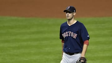 October 6, 2016; Cleveland, OH, USA; Boston Red Sox starting pitcher Rick Porcello (22) is relieved in the fifth inning against the Cleveland Indians during game one of the 2016 ALDS playoff baseball game at Progressive Field. Mandatory Credit: David Richard-USA TODAY Sports