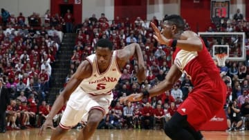 Feb 17, 2016; Bloomington, IN, USA; Indiana Hoosiers forward Troy Williams (5) drives to the basket against the Nebraska Cornhuskers at Assembly Hall. Mandatory Credit: Brian Spurlock-USA TODAY Sports