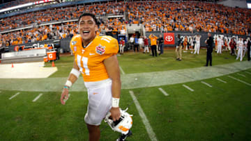 JACKSONVILLE, FL - JANUARY 02: Henry To'o To'o #11 of the Tennessee Volunteers celebrates during the TaxSlayer Gator Bowl against the Indiana Hoosiers at TIAA Bank Field on January 2, 2020 in Jacksonville, Florida. Tennessee defeated Indiana 23-22. (Photo by Joe Robbins/Getty Images)