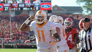 Oct 1, 2016; Athens, GA, USA; Tennessee Volunteers quarterback Joshua Dobbs (11) reacts after scoring a touchdown against the Georgia Bulldogs during the second quarter at Sanford Stadium. Mandatory Credit: Dale Zanine-USA TODAY Sports