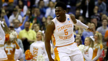 COLUMBUS, OHIO - MARCH 24: Admiral Schofield #5 of the Tennessee Volunteers celebrates after defeating the Iowa Hawkeyes 83-77 in the Second Round of the NCAA Basketball Tournament at Nationwide Arena on March 24, 2019 in Columbus, Ohio. (Photo by Gregory Shamus/Getty Images)