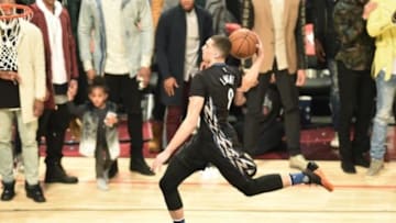 Feb 13, 2016; Toronto, Ontario, Canada; Minnesota Timberwolves player Zach LaVine (8) during the slam dunk contest during the All-Stars Saturday Night at Air Canada Centre. Mandatory Credit: Peter Llewellyn-USA TODAY Sports