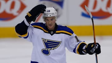 Jan 2, 2016; Toronto, Ontario, CAN; St. Louis Blues defenceman Jay Bouwmeester (19) during the pre game warm up against the Toronto Maple Leafs at the Air Canada Centre. Toronto defeated St. Louis 4-1. Mandatory Credit: John E. Sokolowski-USA TODAY Sports