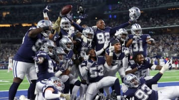 ARLINGTON, TX - NOVEMBER 05: The Dallas Cowboys defensive line poses for a photo in the end zone after a fumble recovery against the Tennessee Titans in the first quarter of a football game at AT&T Stadium on November 5, 2018 in Arlington, Texas. (Photo by Tom Pennington/Getty Images)