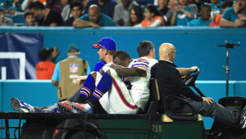 MIAMI GARDENS, FL - DECEMBER 31: LeSean McCoy #25 of the Buffalo Bills is carted off the field after an injury in the third quarter against the Miami Dolphins at Hard Rock Stadium on December 31, 2017 in Miami Gardens, Florida. (Photo by Mike Ehrmann/Getty Images)