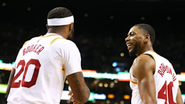 BOSTON, MA - MARCH 11: Trevor Booker #20 and Glenn Robinson III #40 of the Indiana Pacers react during a game against the Boston Celtics at TD Garden on March 11, 2018 in Boston, Massachusetts. NOTE TO USER: User expressly acknowledges and agrees that, by downloading and or using this photograph, User is consenting to the terms and conditions of the Getty Images License Agreement. (Photo by Adam Glanzman/Getty Images)