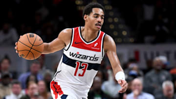WASHINGTON, DC - OCTOBER 30: Jordan Poole #13 of the Washington Wizards handles the ball against the Boston Celtics at Capital One Arena on October 30, 2023 in Washington, DC. NOTE TO USER: User expressly acknowledges and agrees that, by downloading and or using this photograph, User is consenting to the terms and conditions of the Getty Images License Agreement. (Photo by G Fiume/Getty Images)