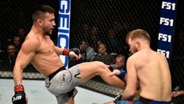 LAS VEGAS, NV - NOVEMBER 30: (L-R) Pedro Munhoz of Brazil kicks Bryan Caraway during The Ultimate Fighter Finale event inside The Pearl concert theater at Palms Casino Resort on November 30, 2018 in Las Vegas, Nevada. (Photo by Chris Unger/Zuffa LLC/Zuffa LLC via Getty Images)